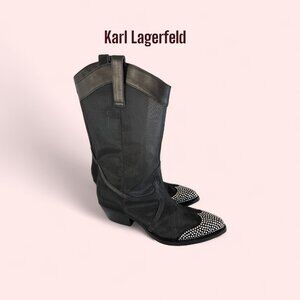 Karl Lagerfeld Black Mesh Western Boots – Rhinestone Toe, Size 8